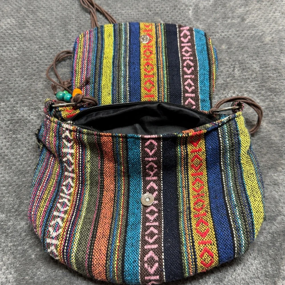Aztec Boho Woven Striped Crossbody Bag Multi-Color Beaded Strap Festival Purse